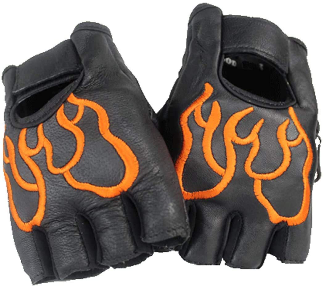 EURO STARS Biker Fingerlose Orange Flamme Lammleder Handschuhe, Motorcycle Fingerless Leather Gloves (S, Schwarz) von EURO STARS