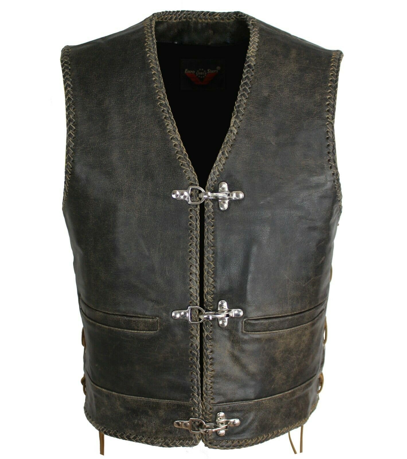 EURO STARS Herren Biker Lederweste Bon Cracker Braun, Motorrad Lederweste, Biker Ledrweste, Clubweste, Chopper kutte, Rocker weste, Rindleder Kutte, Biker Leder Kutte (L, Braun) von EURO STARS