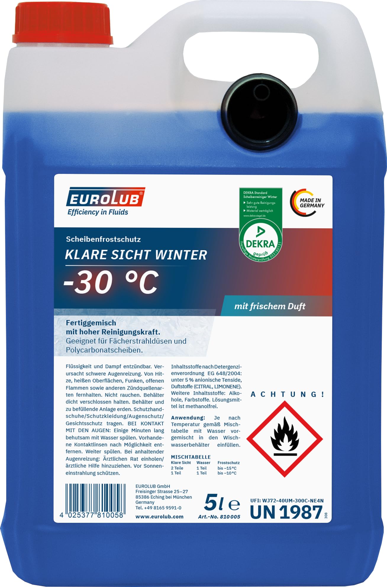 EUROLUB 810005 Scheibenfrostschutz KLARE SICHT Winter -30°C Fertigmischung, 5 Liter von EUROLUB