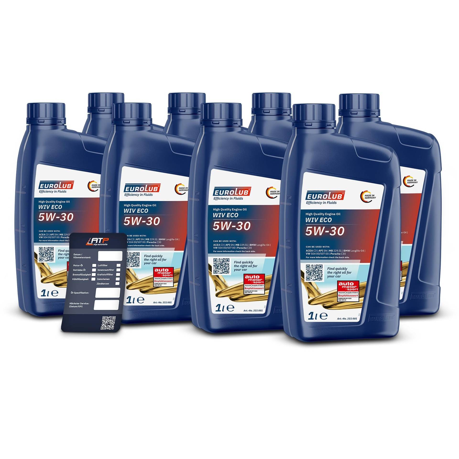 EUROLUB 8x 1 Liter Motoröl 5W30 WIV ECO SAE Motorenöl 8 Liter + 1x Ölwechselanhänger von EUROLUB