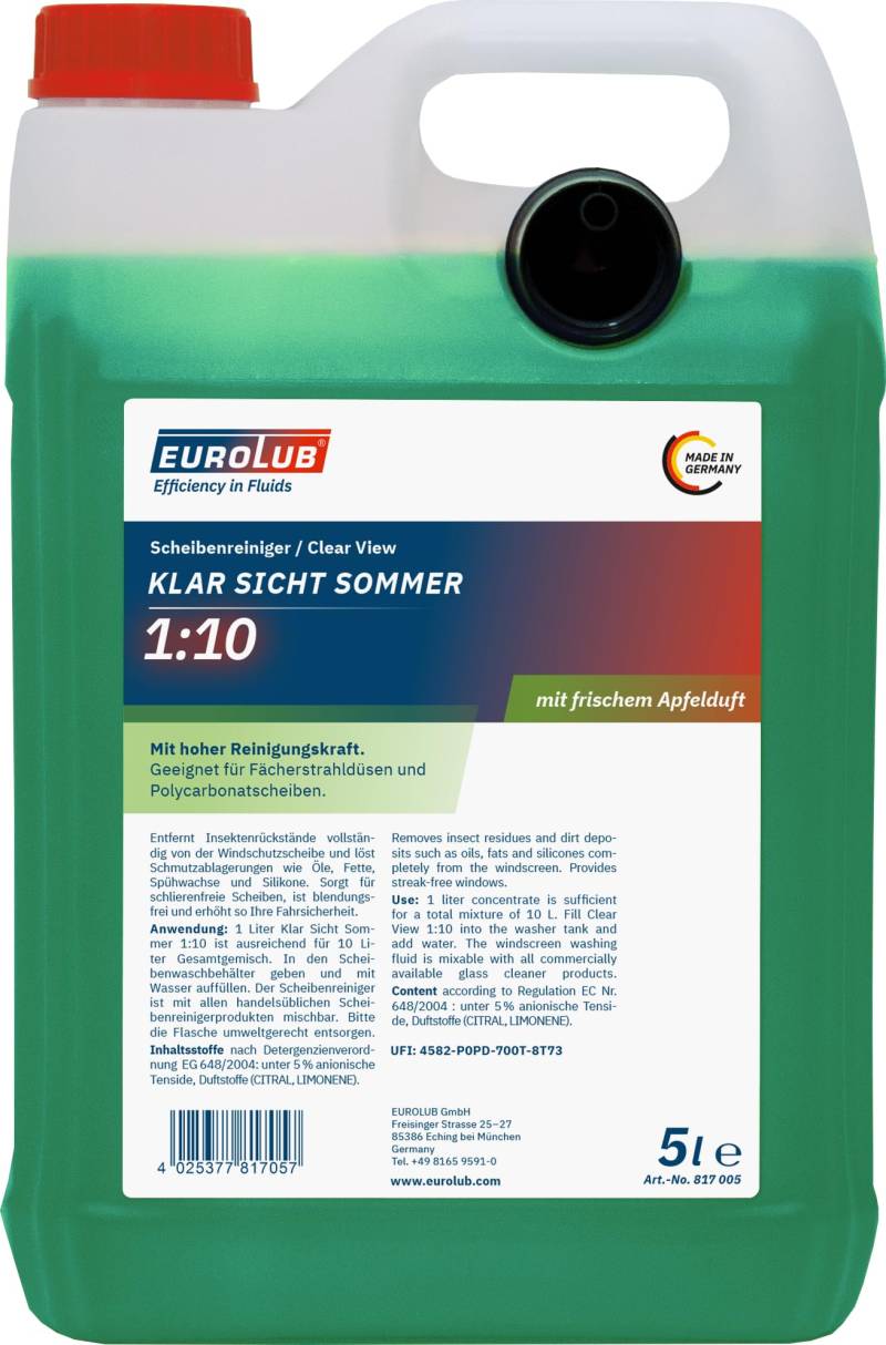 EUROLUB KLAR SICHT Sommer 1:10 Scheibenreiniger-Konzentrat, 5 Liter von EUROLUB
