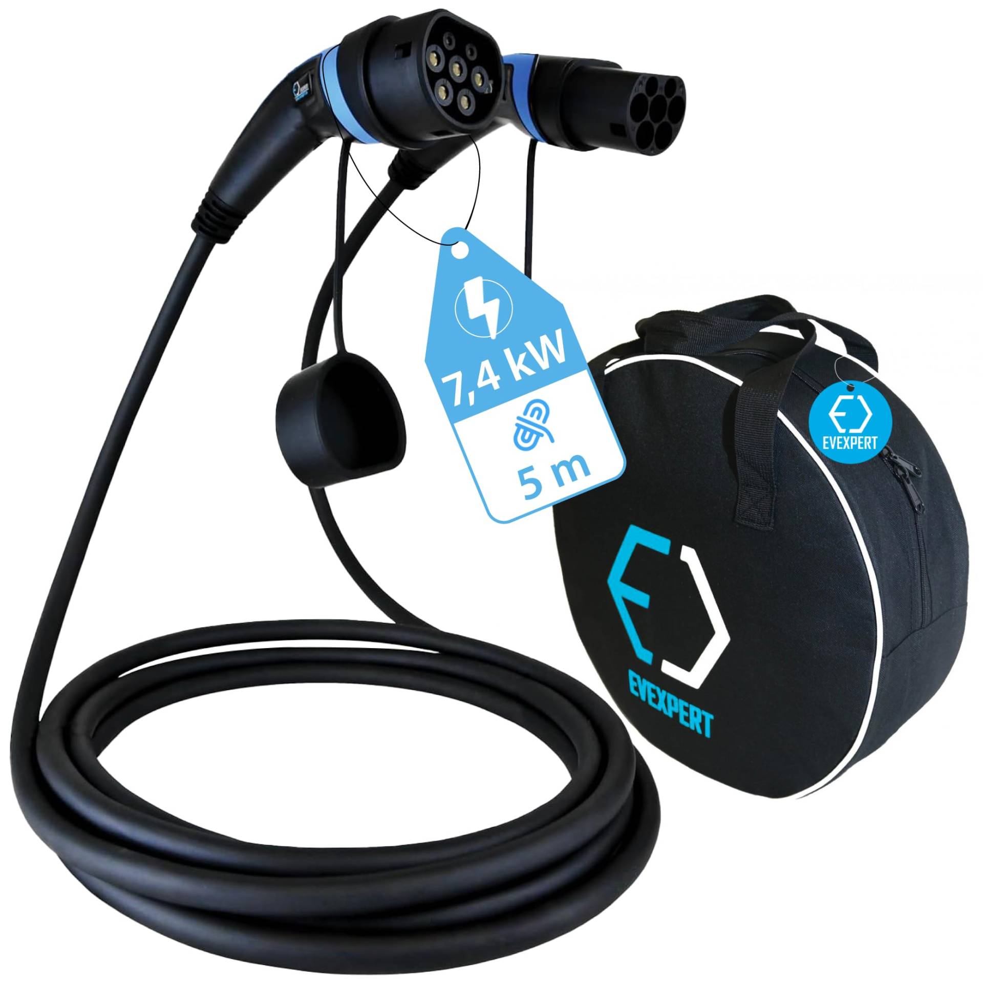 Premium Ladekabel TYP 2 | 32A | 1-3phasig | Kompatibel mit Model S/3/X/Y, i3, ID.3-4-5, E-Tron, Leaf 2018, Kona, IONIQ 5-6, EV6-9, ZOE, Enyaq iV, 500e 5-8 Meter (1-phasig / 5 Meter) von EV Expert