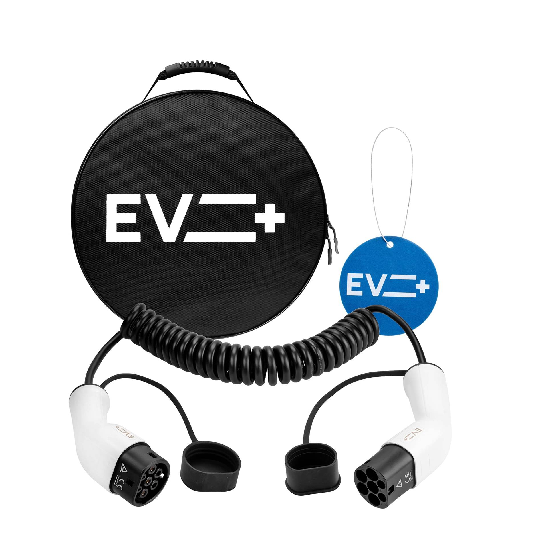 EV + Elektrofahrzeug-Ladekabel - Typ 2 auf Typ 2-3 Meter PHEV Ladekabel - 1-Phase 32A (7,2 kW) Schwarz Spirale- Gratis Tragetasche CE IP55 von EV +