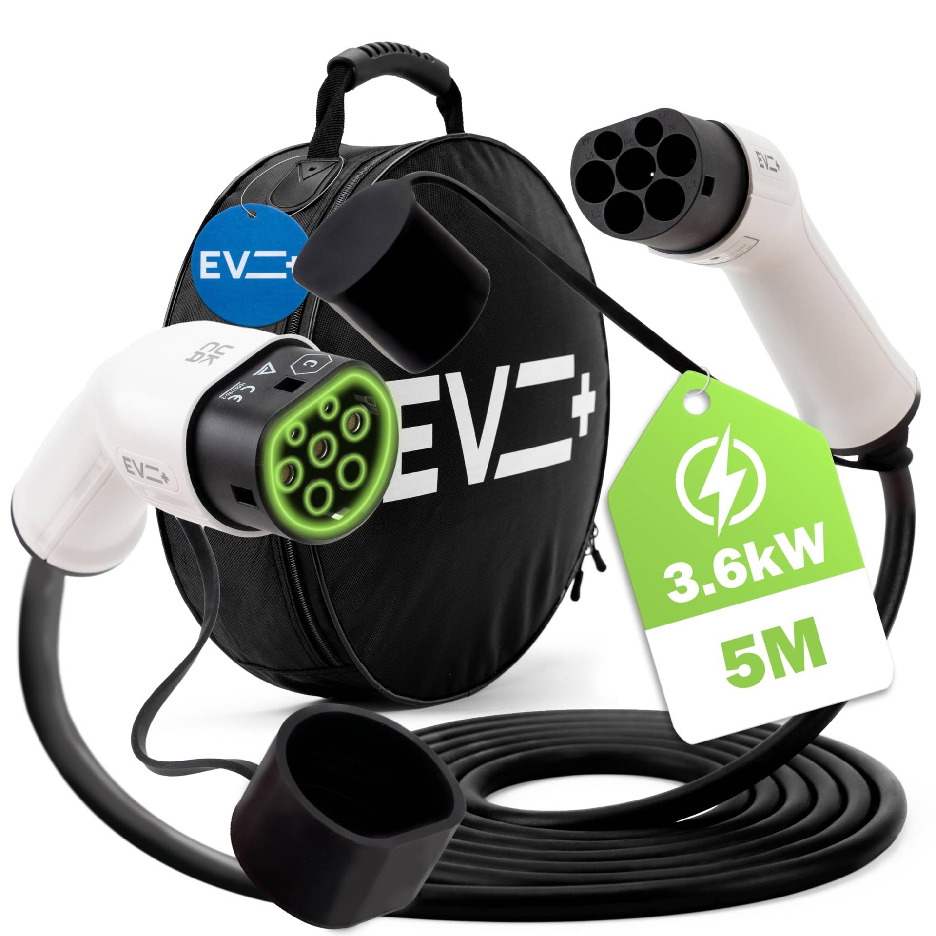EV + Elektrofahrzeug-Ladekabel - Typ 2 auf Typ 2-5 Meter PHEV Ladekabel - 1-Phase 16A (3,6 kW) Schwarz- Gratis Tragetasche - EU CE IP55 von EV +