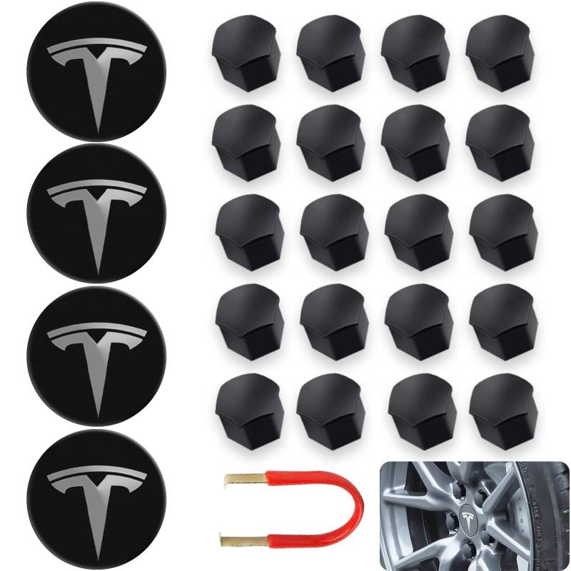 EVAUTO Radkappensatz für Tesla, universal, 4 Radkappen, 20 Radmutterkappen, für 3/Y/S/X Modelle, schwarz/Silber von EVAUTO
