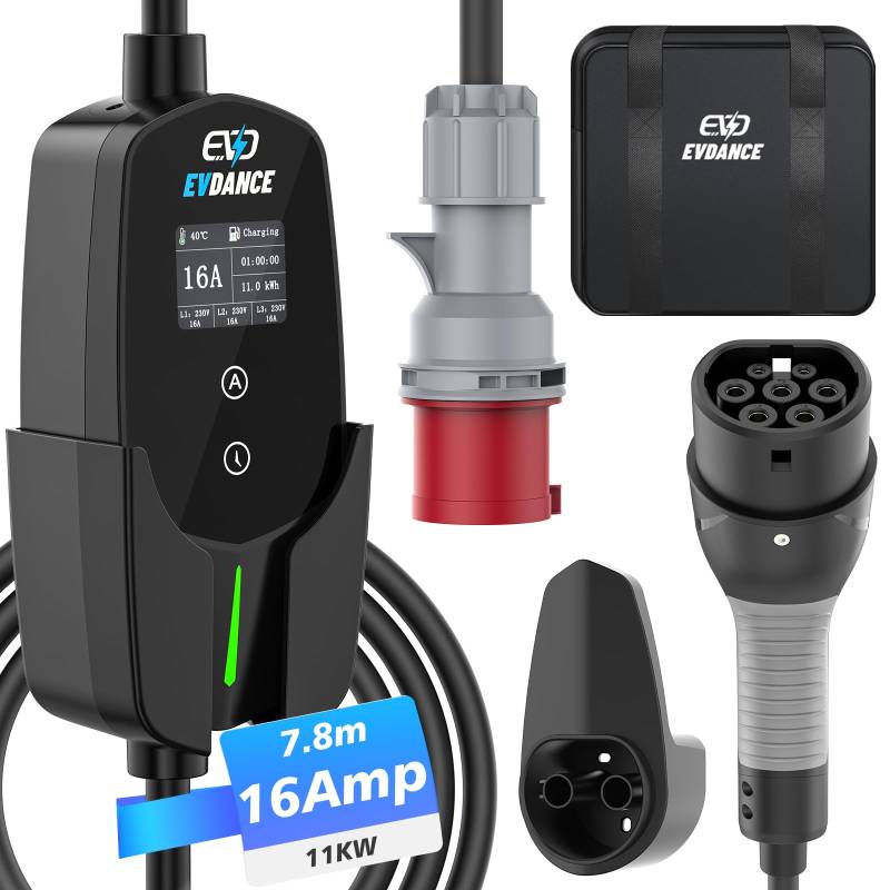 EVDANCE Mobile Wallbox 11kW [7.8m 3-Phasig 6-16A] Typ 2 Ladekabel CEE 16A auf Typ 2 mit Einstellbarer Ladeleistung für Elektroauto von EVDANCE