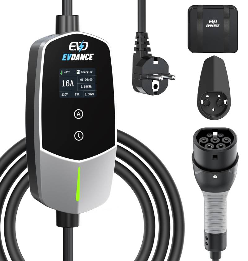 EVDANCE Typ 2 Ladekabel Schuko 3.68kW [1-phasig, 6.1m, 6-16A] Ladekabel Elektroauto mit 0-12h Zeitverzögerung Typ 2 Schuko für Elektroauto & Hybrid (PHEV/EV), Silber von EVDANCE