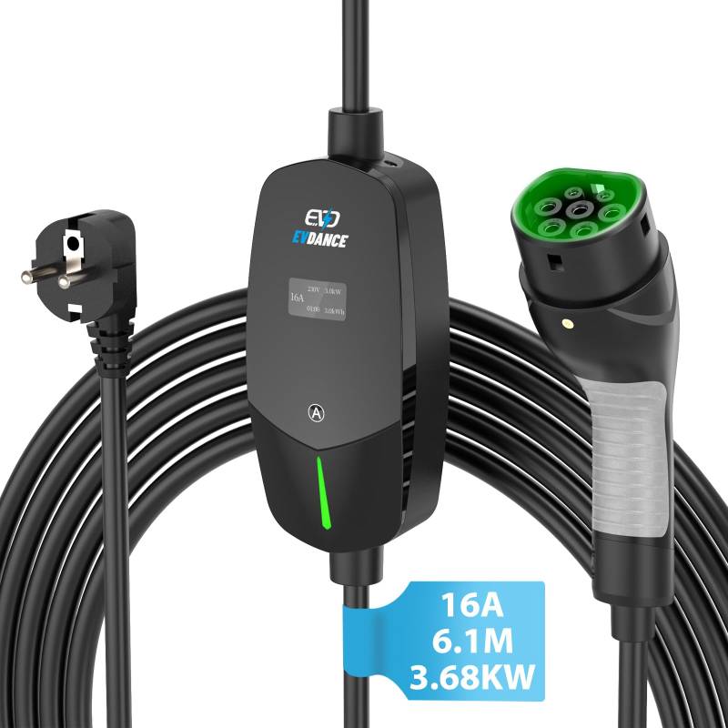 EVDANCE Ladekabel Typ 2 schuko 3.68KW [6.1m|6-16A] Tragbares Ladekabel EU Standard Schuko 2-Pin Ladegerät mit OLED Bildschirm für i3, e-Up, ID.3, ID.4, Zoe, fortwo, Kona von EVDANCE