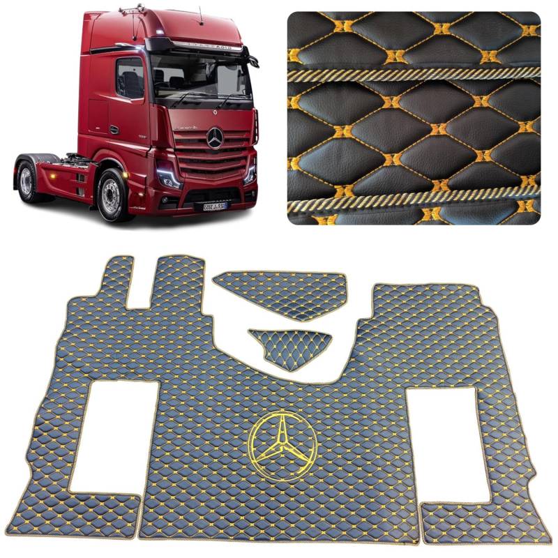 Automatte für das LKW-Fahrerhaus Kompatibel für Mercedes Actros MP4 MP5 MP6 (Schwarz Gold Garn, Beifahrersitz gefedert) von EVELTRUCK