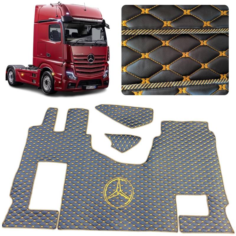 Automatte für die LKW-Kabine. Set kompatibel mit Mercedes Actros MP4 MP5 MP6 (Schwarz Gold Garn, Beifahrersitz ungefedert) von EVELTRUCK