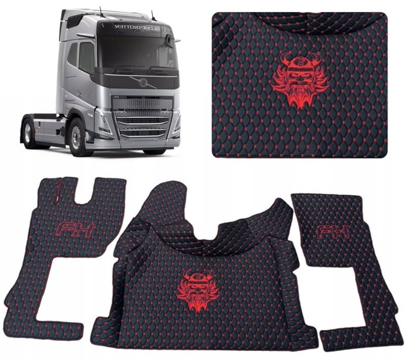 Auto Teppich für Fahrzeugkabine Bodenmatte. Teppichset kompatibel zu VOLVO FH 4 FH 5 (Schwarz (rote Fäden)) von EVELTRUCK