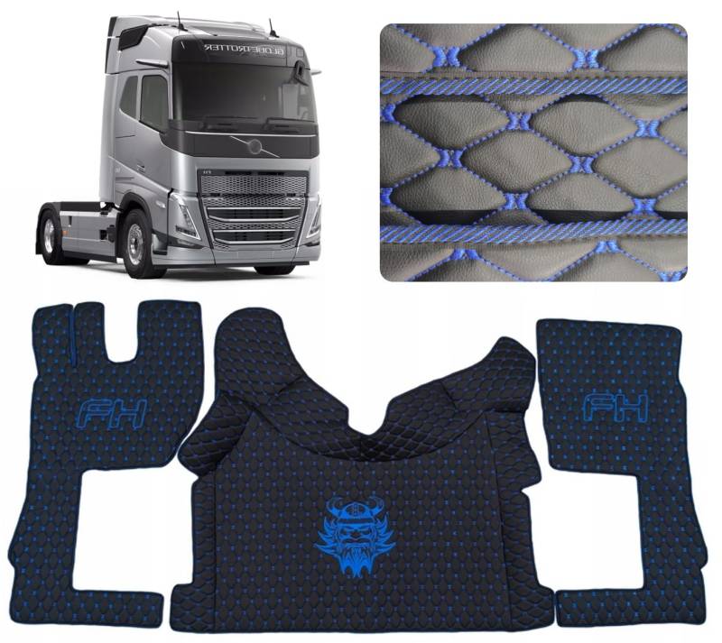 Auto Teppich für Fahrzeugkabine LKW Fussmatte. Teppichset kompatibel zu VOLVO FH 4 FH 5 (Schwarz (blauer Faden)) von EVELTRUCK