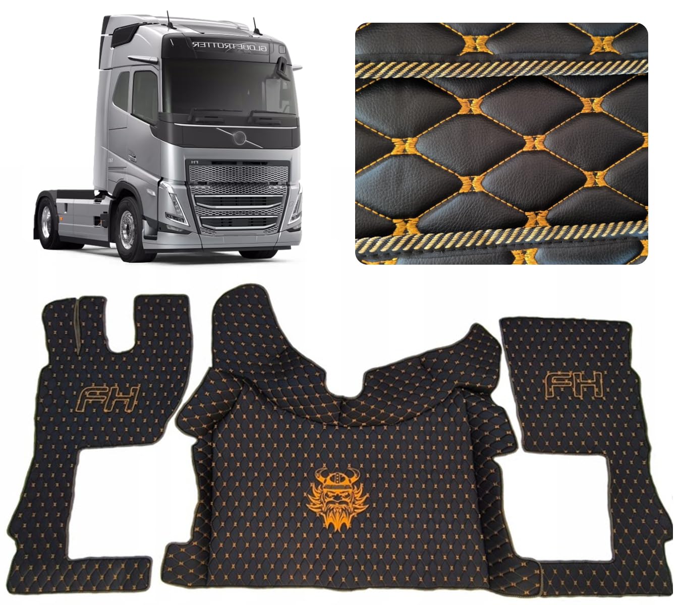 Autoteppich für LKW Fahrerkabine Bodenmatte. Teppichset kompatibel zu VOLVO FH 4 FH 5 (Schwarz (goldener Fäden)) von EVELTRUCK