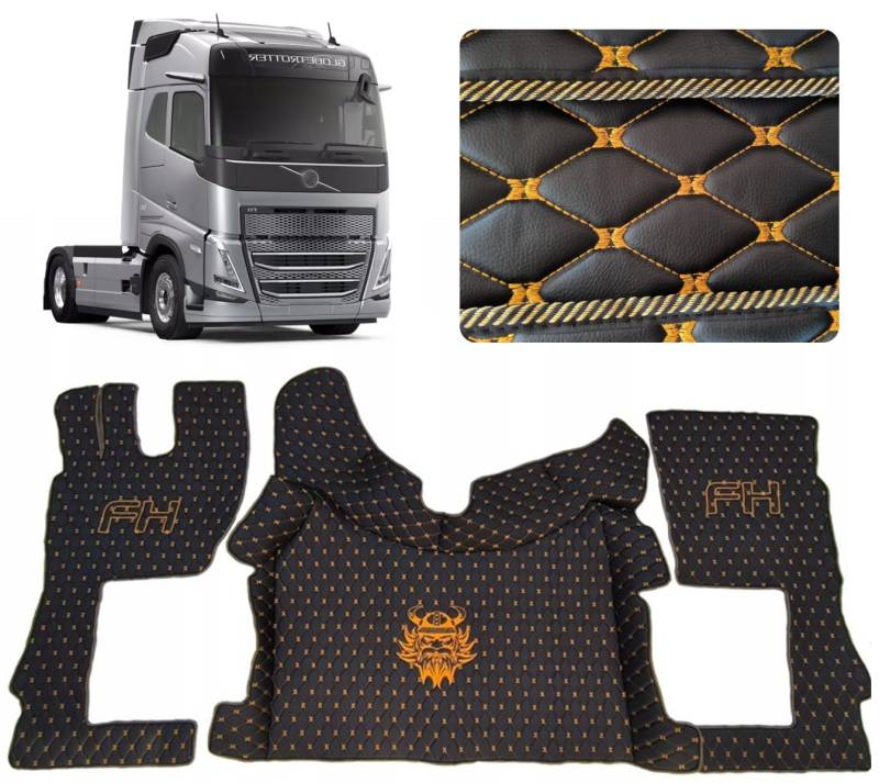Autoteppich für LKW Fahrerkabine Bodenmatte. Teppichset kompatibel zu VOLVO FH 4 FH 5 (Schwarz (goldener Fäden)) von EVELTRUCK