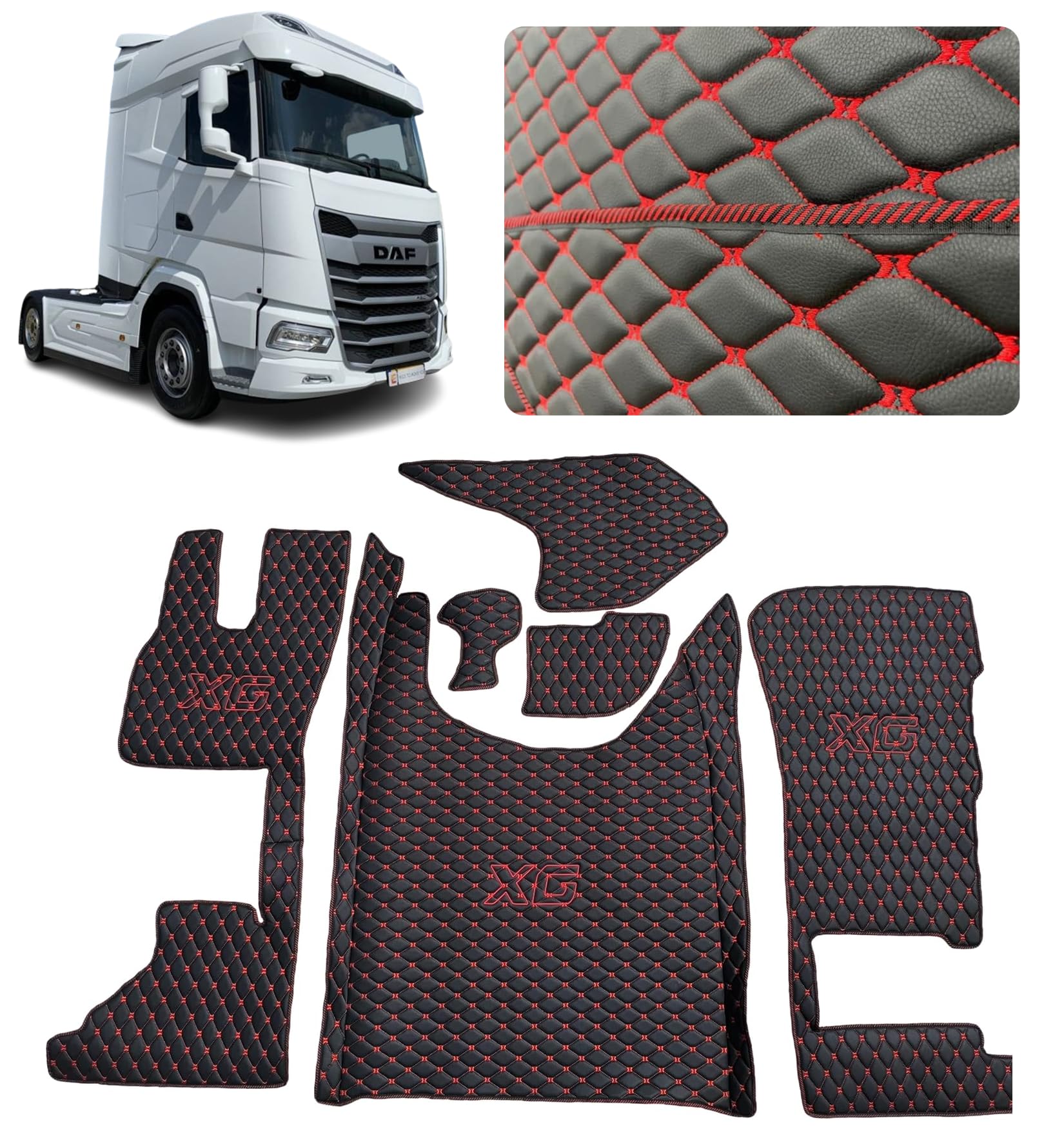 LKW-Fußmatten kompatibel zu DAF XG 2022+ Fussmatte (Stoff schwarz, Faden rot) von EVELTRUCK