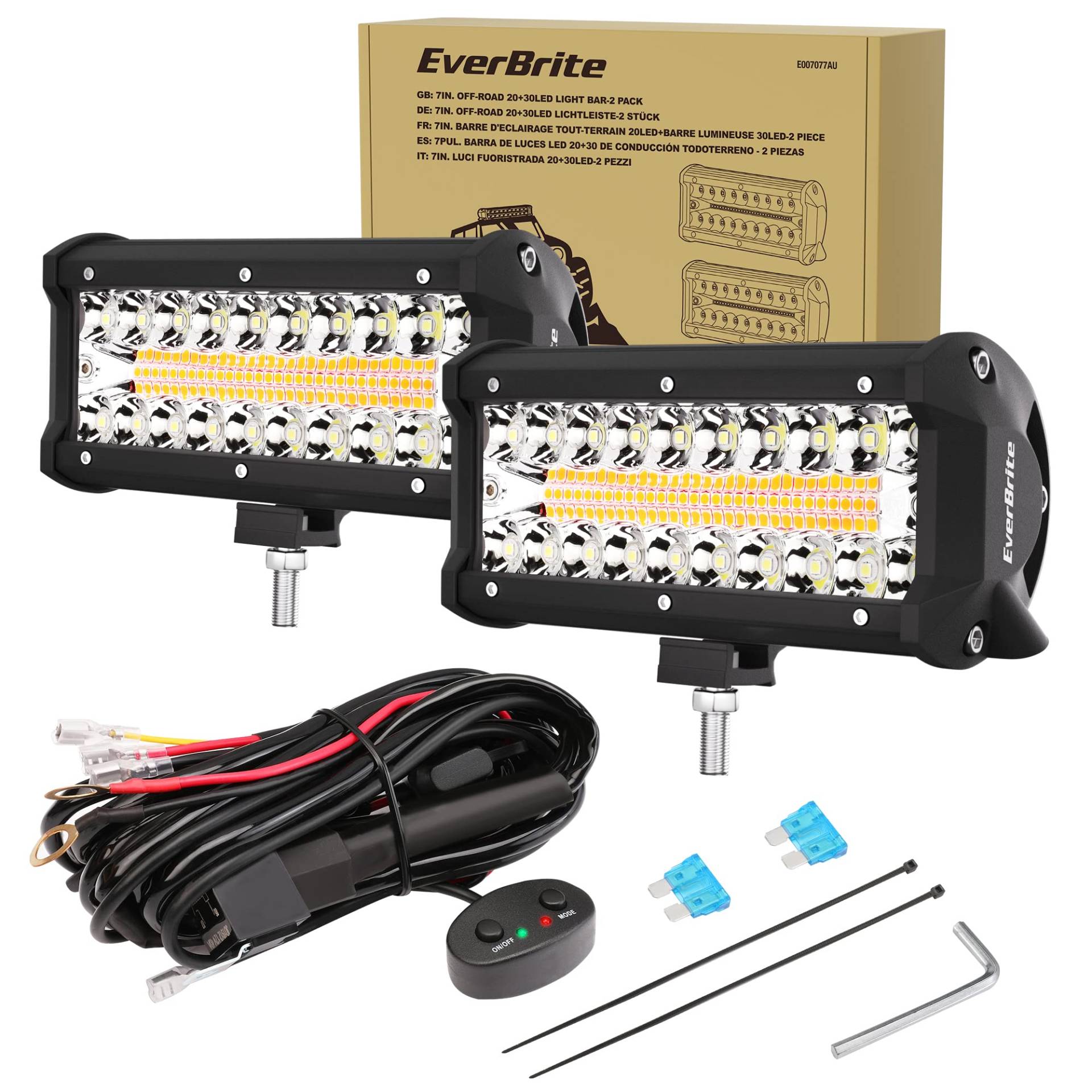 EverBrite LED Zusatzscheinwerfer 12V/24V 2tlg. mit Kabelbaum und Schalter, IP66 150W 6 Modi Nebelscheinwerfer mit Gelblicht für Auto Traktor Bagger Arbeitsscheinwerfer von EverBrite