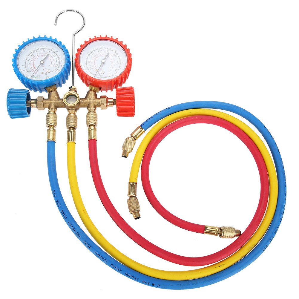 3-Wege-A/C-Diagnoseverteiler-Messgerätesatz, Kältemittel-Klimaanlagen-Tools AC-Diagnoseverteiler-Messgerätesatz mit Schlauch- und Hakensatz 3-Wege-A/C-Diagnoseverteiler-Messgerätesatz, Kältemittel-Klimaanlagen-Tools AC-Diagnoseverteiler-Messgerätesatz mit Schlauch- und Hakensatz von EVGATSAUTO