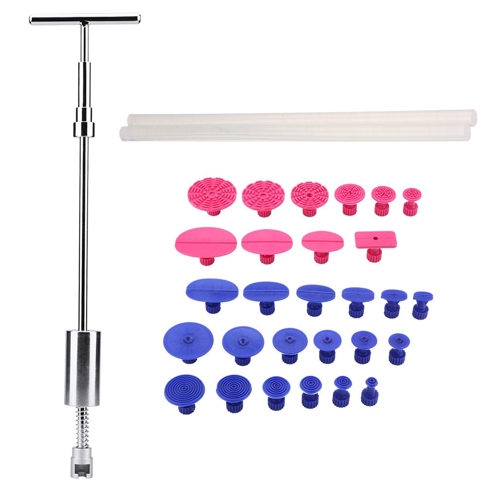 Auto Body Dent Puller, Auto Body Paintless Dent Reparaturwerkzeug Kit 1 T Bar Gleithammer + 28 Stück Kleber Puller Tabs + 2 Stick von EVGATSAUTO