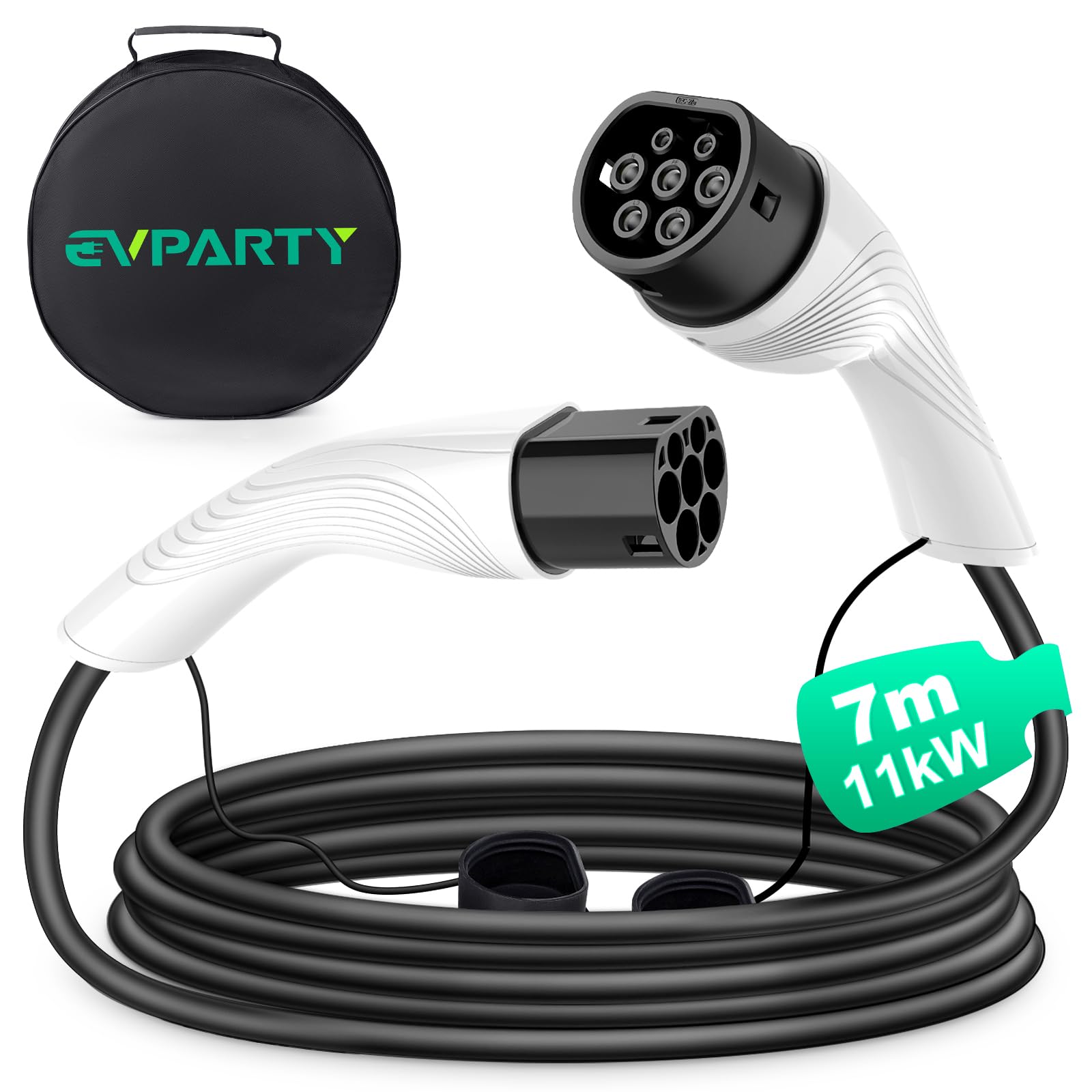 EVPARTY Typ 2 Ladekabel 11kW 7m 16A 3-Phasig für EV/PHEV Elektroautos Typ 2 auf Typ 2 Kompatibel mit Model Y/3/S/X, ID.3, ID.4, ID.5, Q4 E-Tron, IONIQ 5, Kona usw (Weiß) von EVPARTY