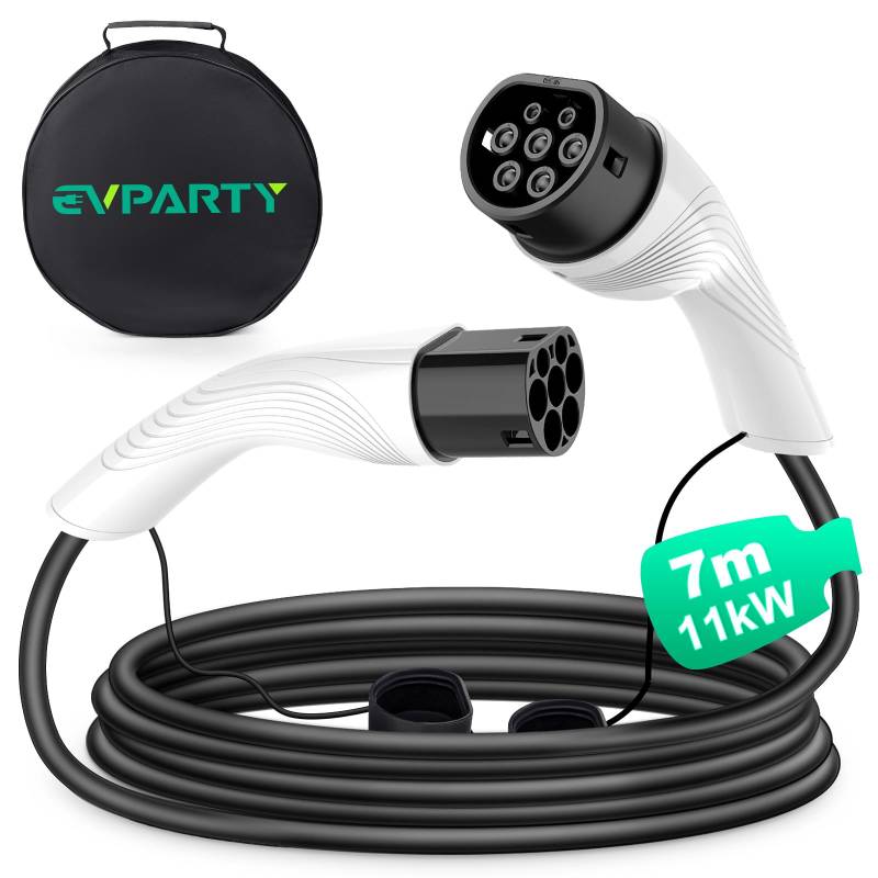 EVPARTY Typ 2 Ladekabel 11kW 7m 16A 3-Phasig für EV/PHEV Elektroautos Typ 2 auf Typ 2 Kompatibel mit Model Y/3/S/X, ID.3, ID.4, ID.5, Q4 E-Tron, IONIQ 5, Kona usw (Weiß) von EVPARTY