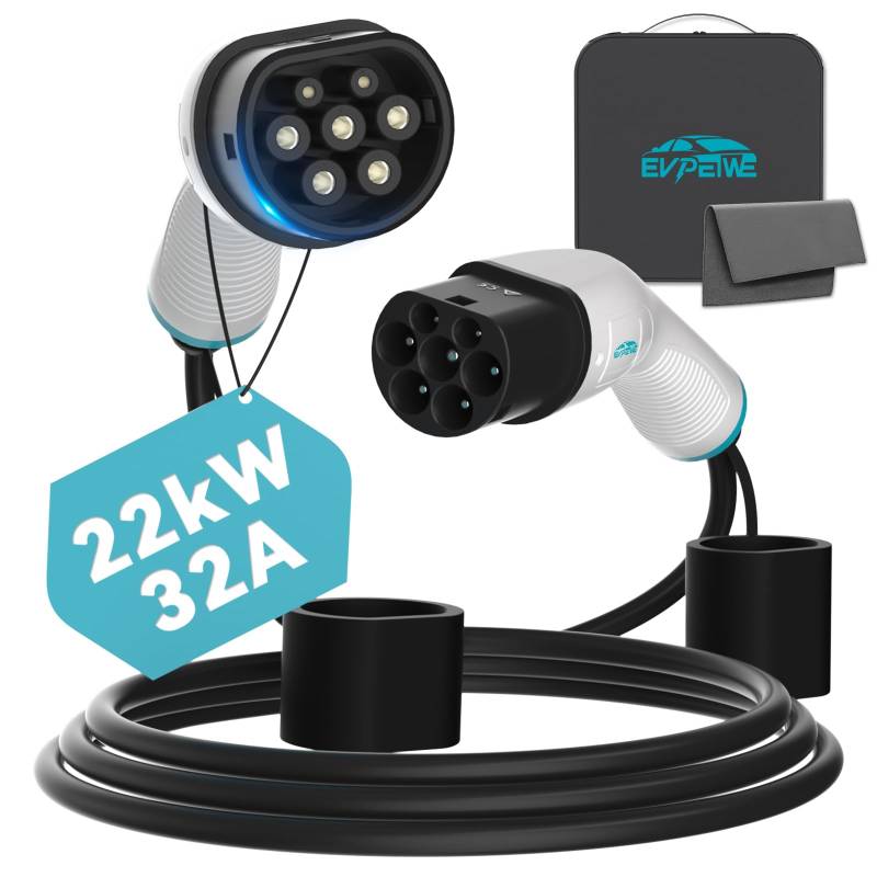 EVPEIWE 22kW 32A Typ 2 EV Ladekabel, 5M Tragbares Typ 2 auf Typ 2 EV-Ladekabel | 480V | 3 Phase | IP55 | für IEC 62196-2 Elektrofahrzeuge & Plug-in-Hybrid Modelle 3/X/Y/S, mit Aufbewahrungstasche von EVPEIWE