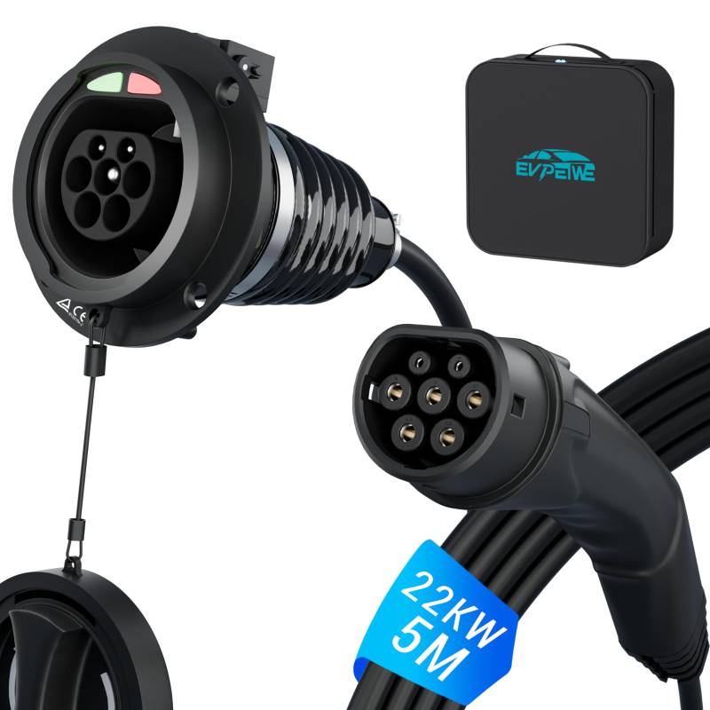 EVPEIWE Typ 2 EV Ladekabel Verlängerungskabel, 22KW/32A 3 Phase Ladekabel Verlängerungskabel mit Sicherheitsschloss für IEC-62196 Elektrofahrzeuge & PHEV für Typ 2 EV-Ladegerät, 5M von EVPEIWE