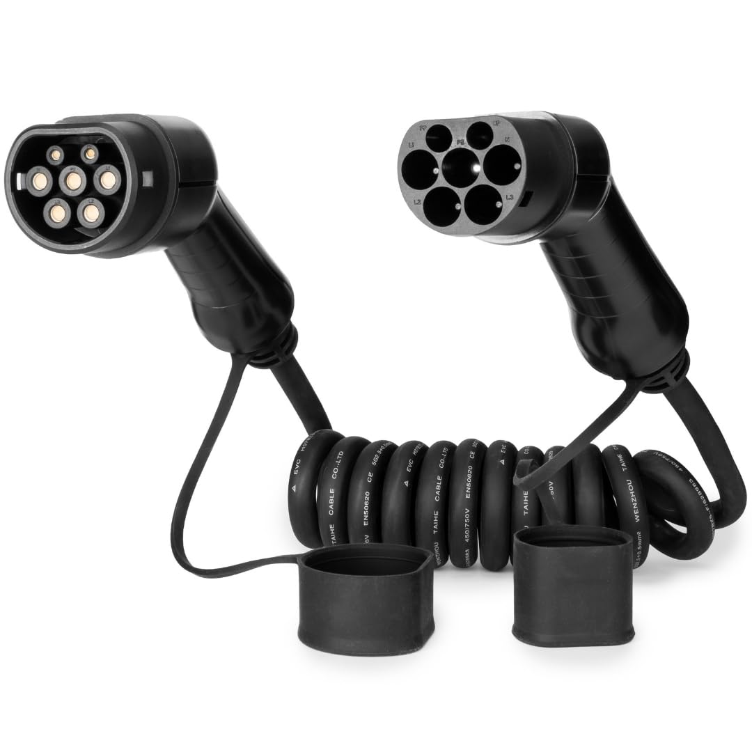 EVloaded | Ladekabel Typ 2, 3M Spiral, 16A - 32A, 3-Phasen, Elektroauto Ladegerät, Wallbox Kompatibel, IP54, CE & TUV Certified (16 A | 3 Meter) von EVloaded
