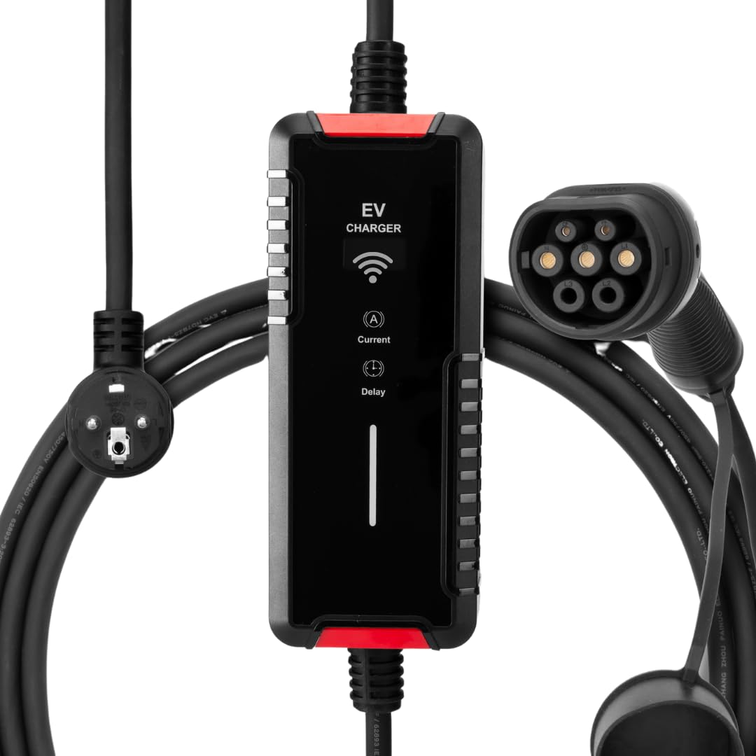 EVloaded | Tragbares Typ-2-Ladekabel mit Display und Haushaltsstecker, 220V, 5m, 16A, Phase 1, 3.6kW für Elektroauto von EVloaded