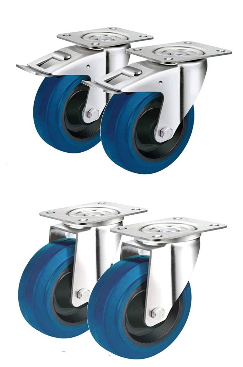 4 Lenkollen lenkbar Ø 100mm je 2 Lenkrollen mit Feststell-Bremsen sowie 2 Lenk-Rollen ohne Feststeller als Transportrollen, Lager Kugellager Reifen aus Elastik Blue-Wheel Industrierolle von EXCOLO