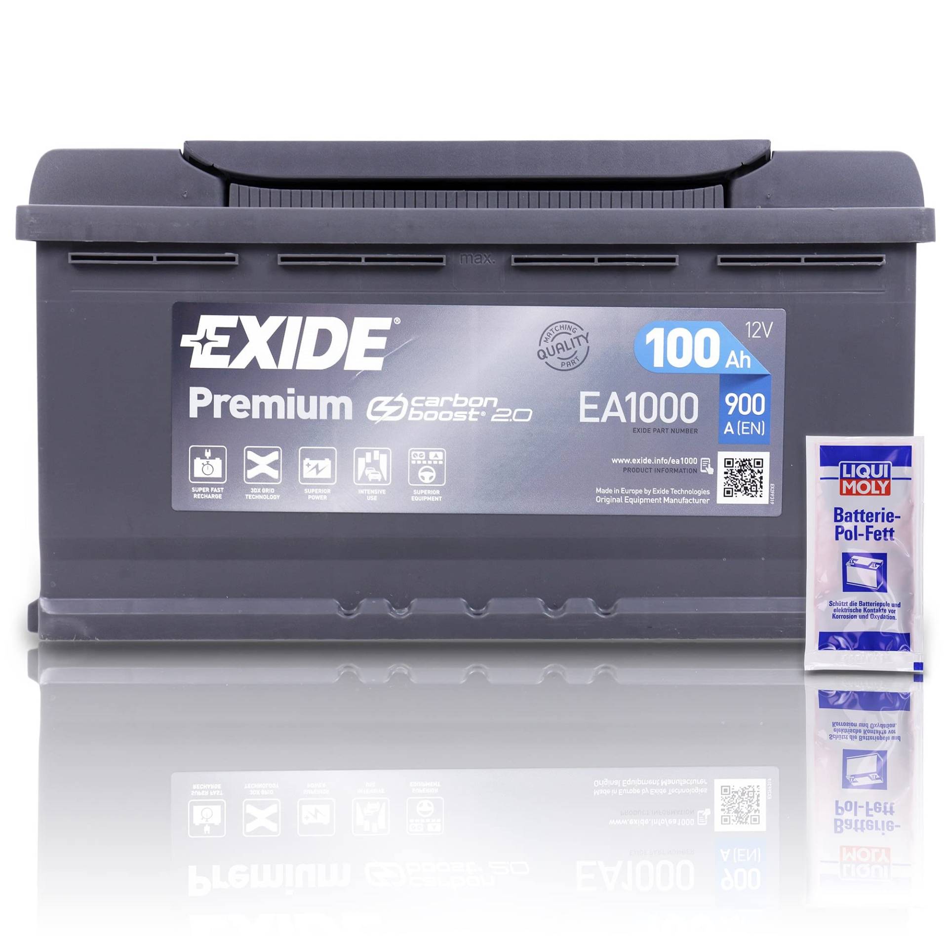 EXIDE EA1000 Premium Carbon Boost Autobatterie12V 100Ah 900A PKW KFZ Starterbatterie Batterie - Ersetzt 85Ah 88Ah 90Ah 92Ah 95Ah + 1x Batteriepolfett von EXIDE