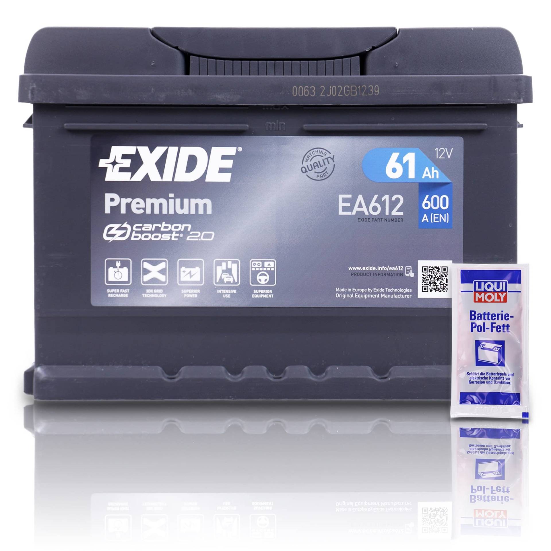 EXIDE EA612 Premium Carbon Boost Autobatterie 12V 61Ah 600A Starterbatterie PKW KFZ Batterie - Ersetzt 55Ah 56Ah 58Ah + 1x BATTERIEPOLFETT von EXIDE Bundle