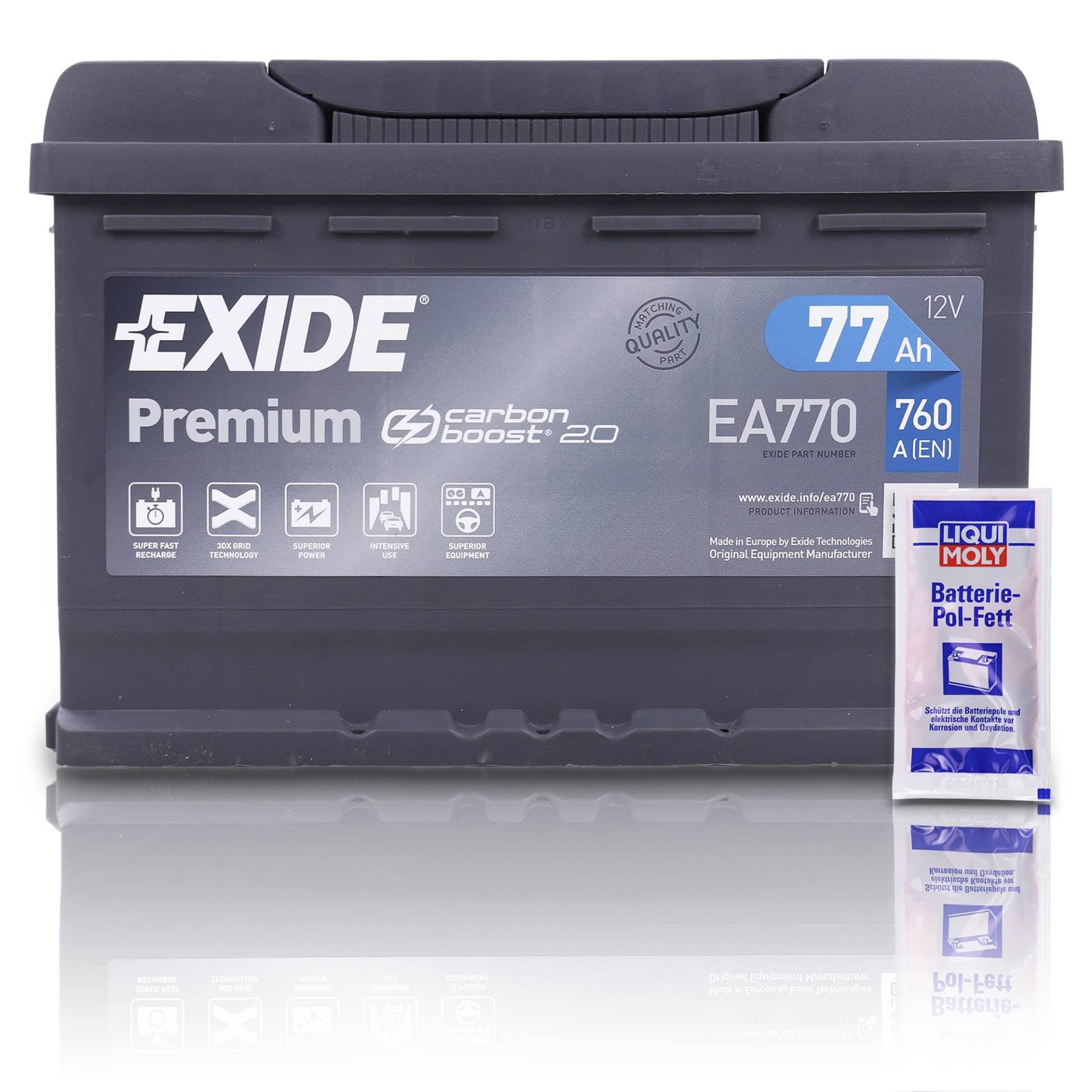 EXIDE EA770 Premium Carbon Boost Autobatterie 12V 77Ah 760A Starterbatterie PKW KFZ Batterie - Ersetzt 70Ah 71Ah 72Ah 74Ah 75Ah + 1x Batteriepolfett von EXIDE
