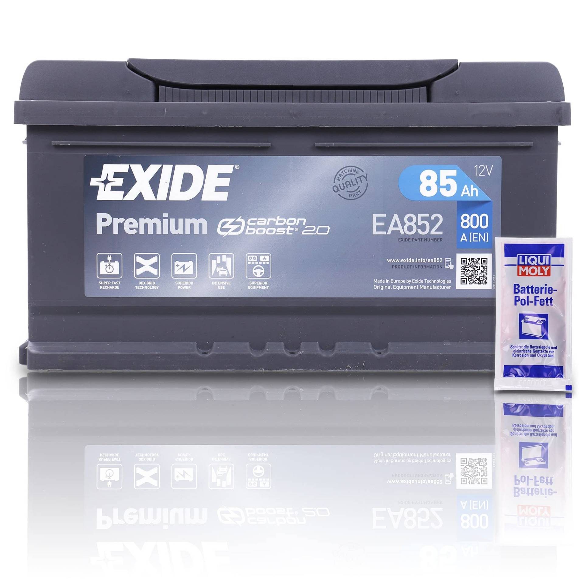 EXIDE EA852 Premium Carbon Boost Autobatterie 12V 85Ah 800A PKW KFZ Starterbatterie Batterie Ersetzt 77Ah 79Ah 80Ah 82Ah 84Ah + 1x Batteriepolfett von EXIDE