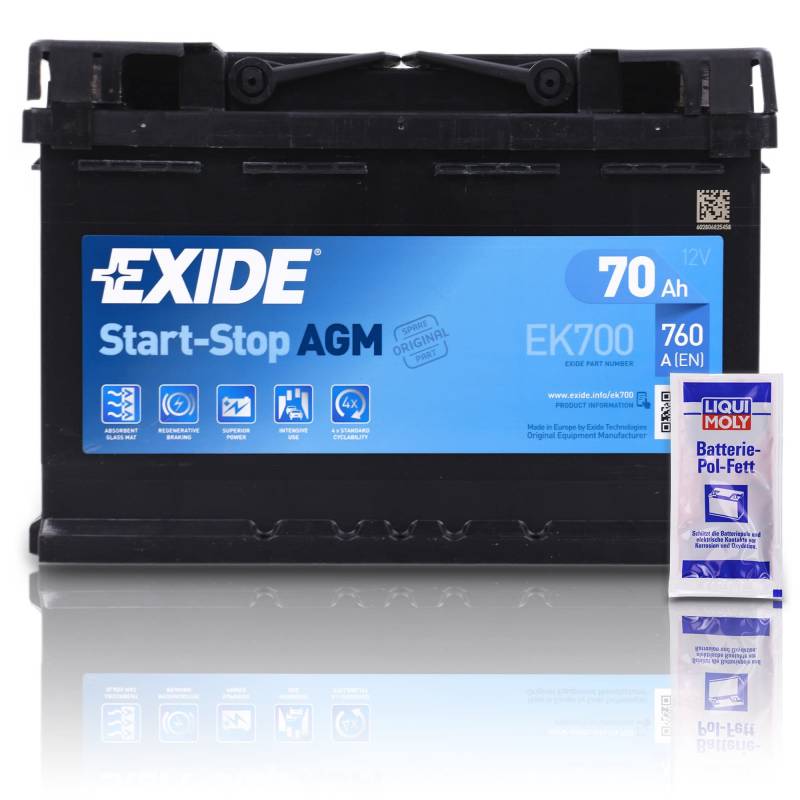 EXIDE EK700 Autobatterie AGM 12V 70Ah 760A Start-Stop AGM Starterbatterie PKW KFZ Batterie + 1x Batteriepolfett von EXIDE Bundle