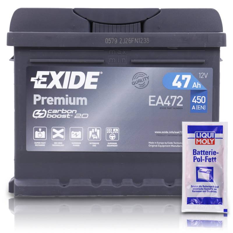 EXIDE EA472 Premium Carbon Boost Autobatterie 12V 47Ah 450A Starterbatterie PKW KFZ Batterie - Ersetzt 40Ah 41Ah 42Ah 44 + 1x Batteriepolfett von Exide
