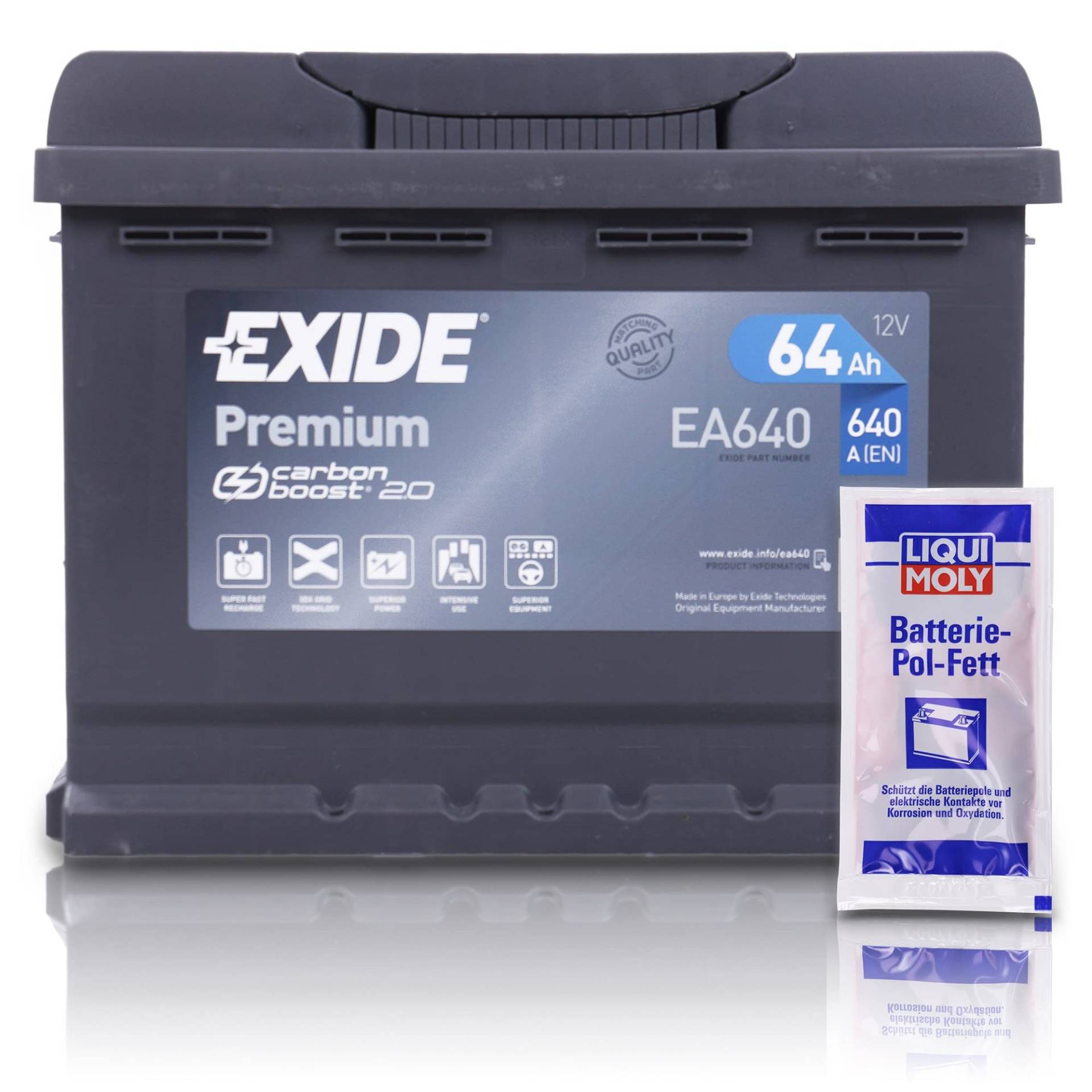 EXIDE EA640 Premium Carbon Boost Autobatterie 12V 64Ah 640A Starterbatterie PKW KFZ Batterie - Ersetzt 58Ah 60Ah 61Ah 62Ah 63Ah + 1x Batteriepolfett EXIDE EA640 Premium Carbon Boost Autobatterie 12V 64Ah 640A Starterbatterie PKW KFZ Batterie - Ersetzt 58Ah 60Ah 61Ah 62Ah 63Ah + 1x Batteriepolfett von Exide