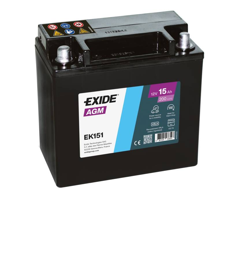 Exide EK151 Start-Stop Auxiliary AGM Stütz- und Backup-Batterie 12V 15Ah 200A von Exide