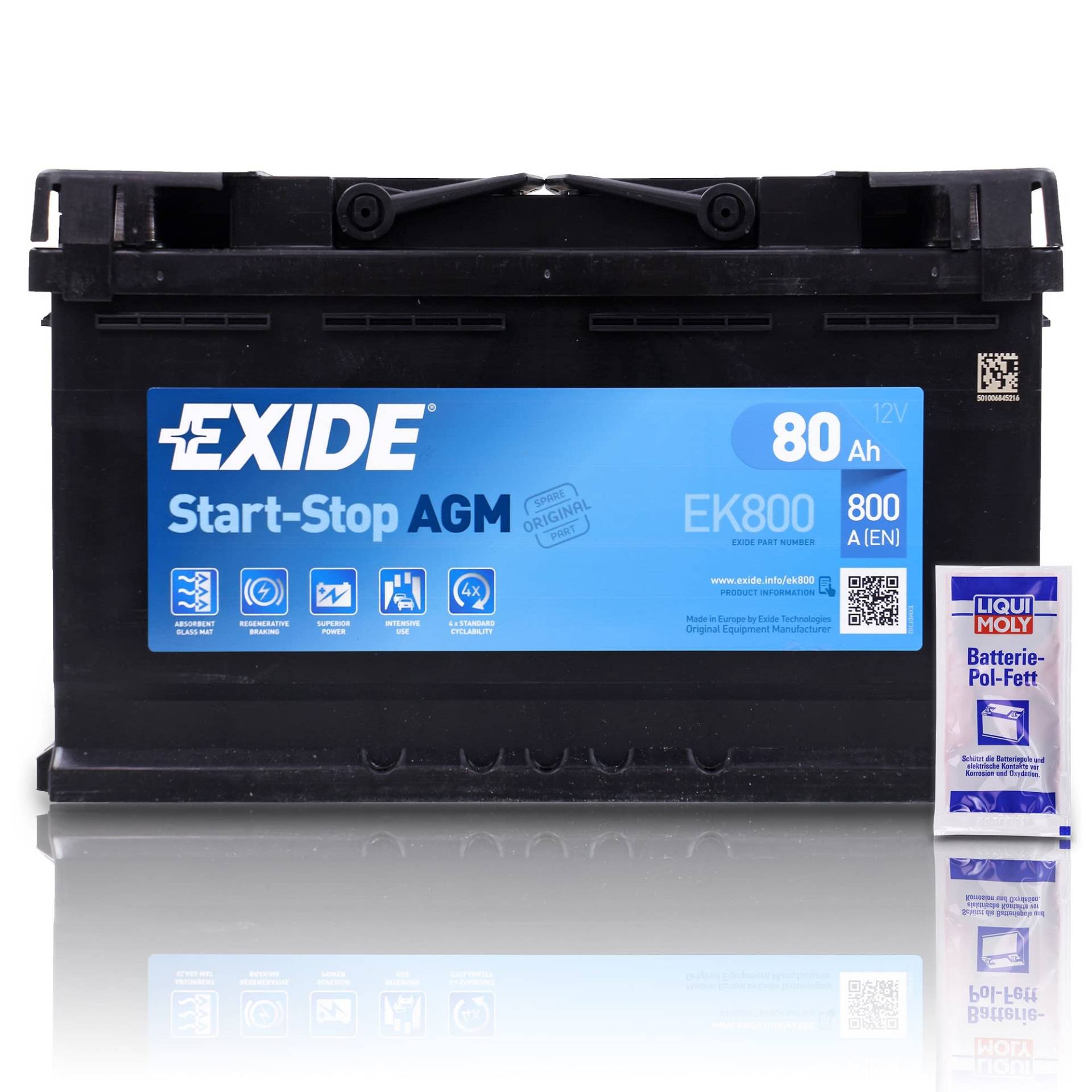EXIDE EK800 Autobatterie AGM 12V 80Ah 800A Startstop AGM Starterbatterie PKW KFZ Batterie - Ersetzt 70Ah 72Ah 74Ah 75Ah 77Ah + 1x Batteriepolfett von Exide