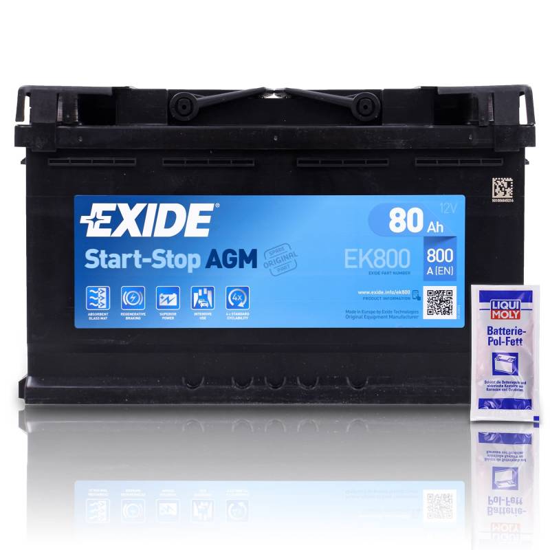 EXIDE EK800 Autobatterie AGM 12V 80Ah 800A Startstop AGM Starterbatterie PKW KFZ Batterie - Ersetzt 70Ah 72Ah 74Ah 75Ah 77Ah + 1x Batteriepolfett von Exide