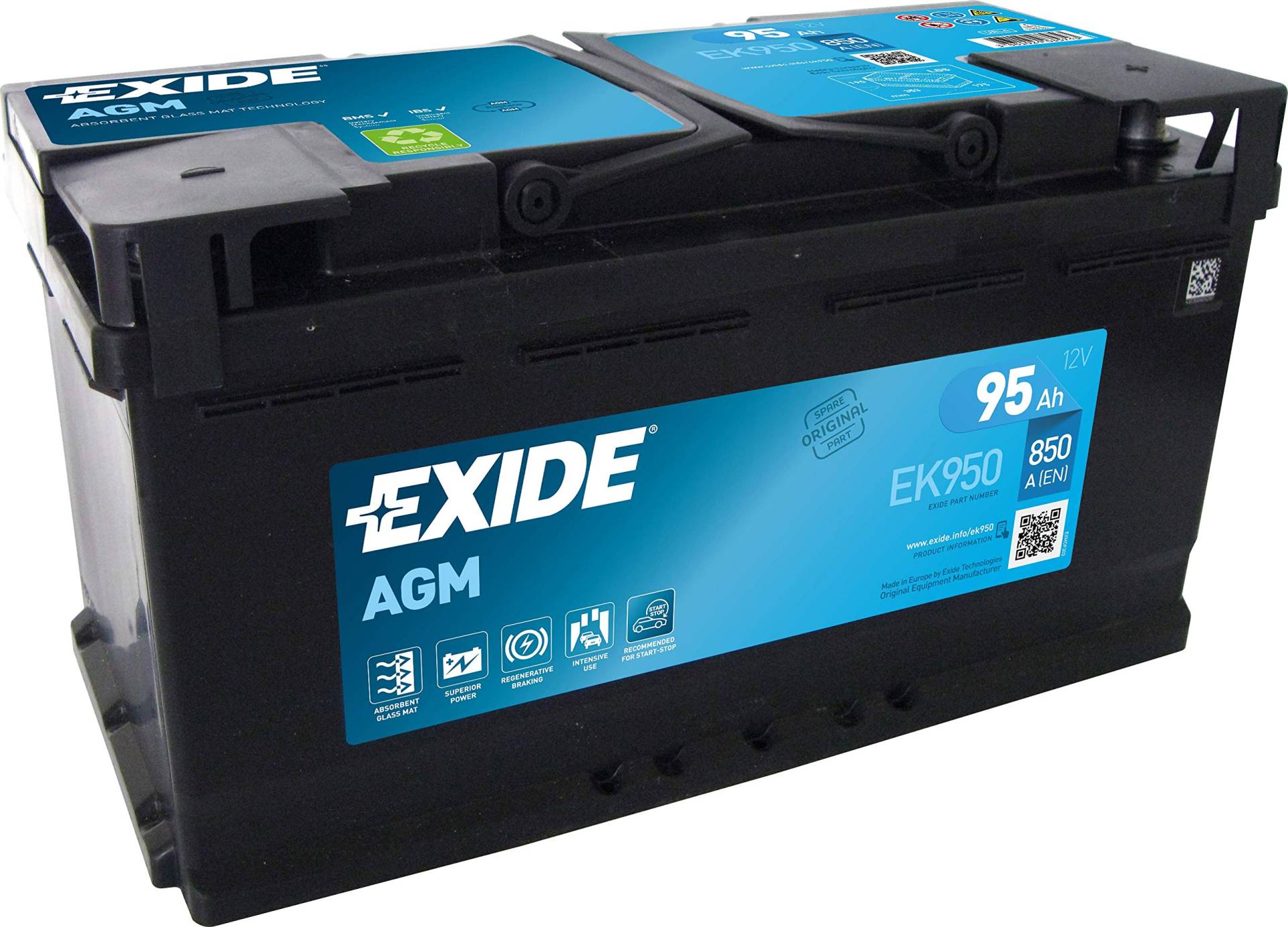 EXIDE 10850470 EK950 AGM PKW Starter-Batterie, Schwarz von Exide