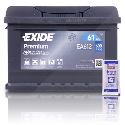 Exide EA612 Premium Carbon Boost 61Ah 600A+10g Pol-Fett [Hersteller-Nr. EA612] für Alpina, Aston Martin, Audi, Austin, Auto Union, BMW, Cadillac, Chev von Exide