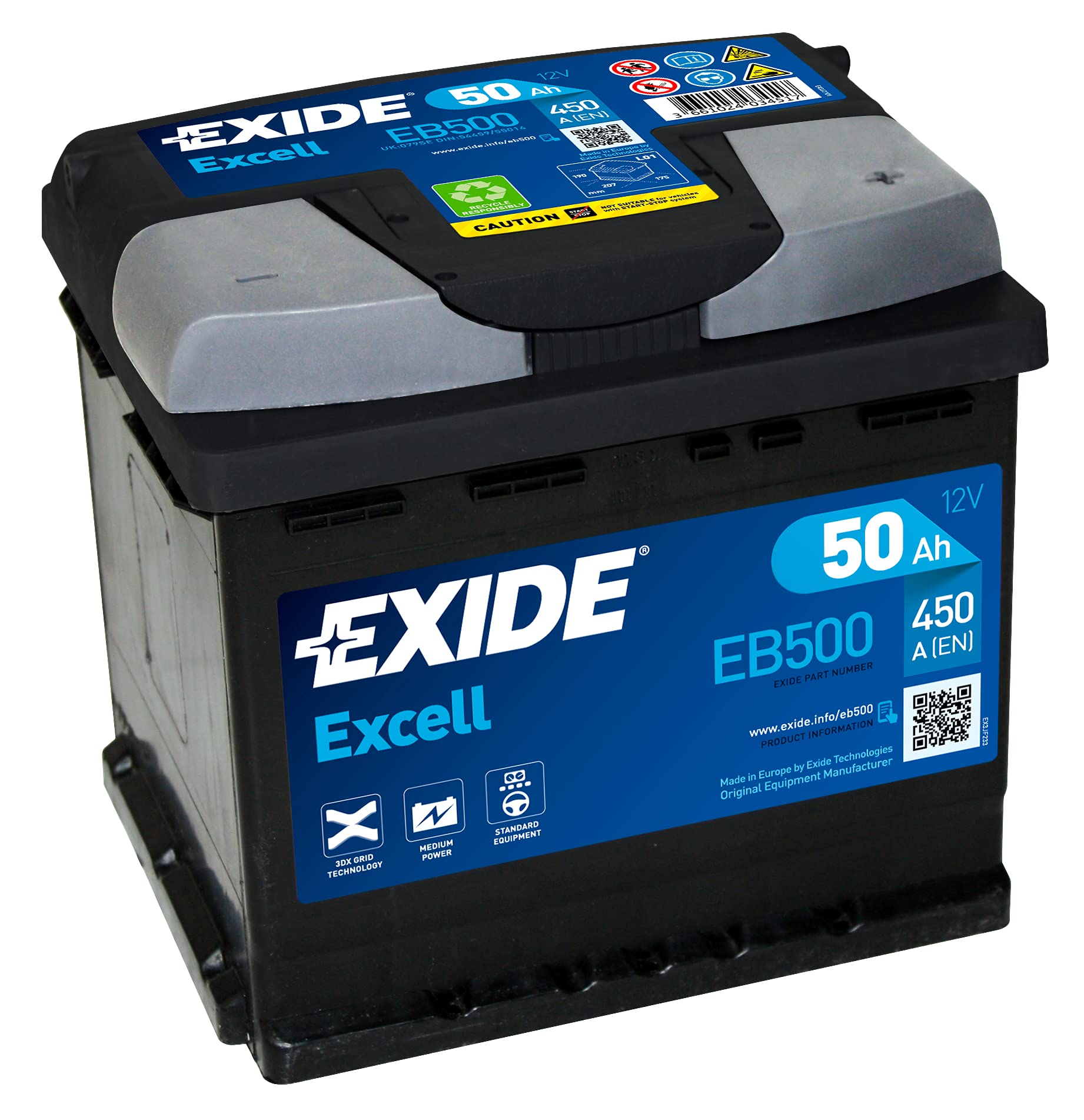 Exide Excell EB500 50Ah Autobatterie wartungsfrei (einbaufertig) von Exide