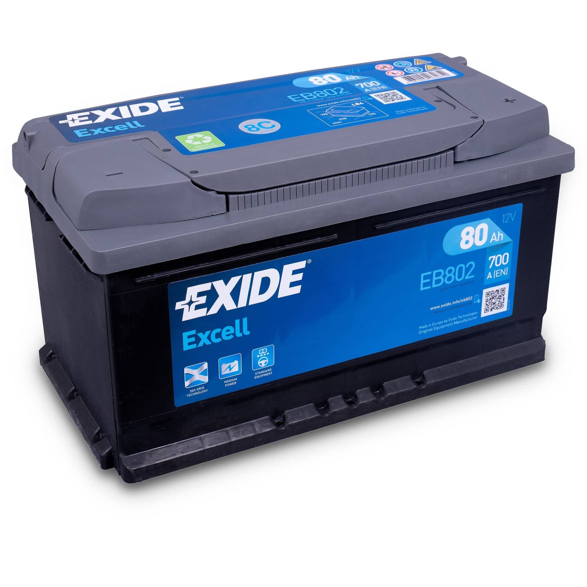 Exide Excell EB802 80Ah Autobatterie wartungsfrei (einbaufertig) von Exide
