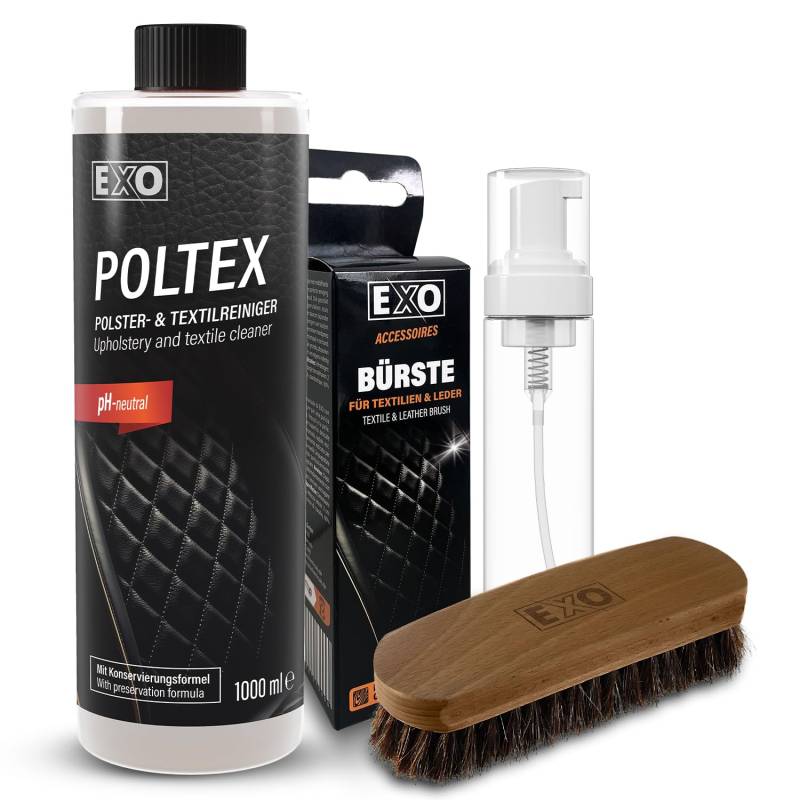 EXO® Polsterreiniger Set (1 Liter) mit 200 ml Foamer und Bürste |POLTEX Textil- und Polsterreiniger für Teppiche, Autositze, Polstermöbel, Leder | pH-neutraler Innenreiniger von EXO