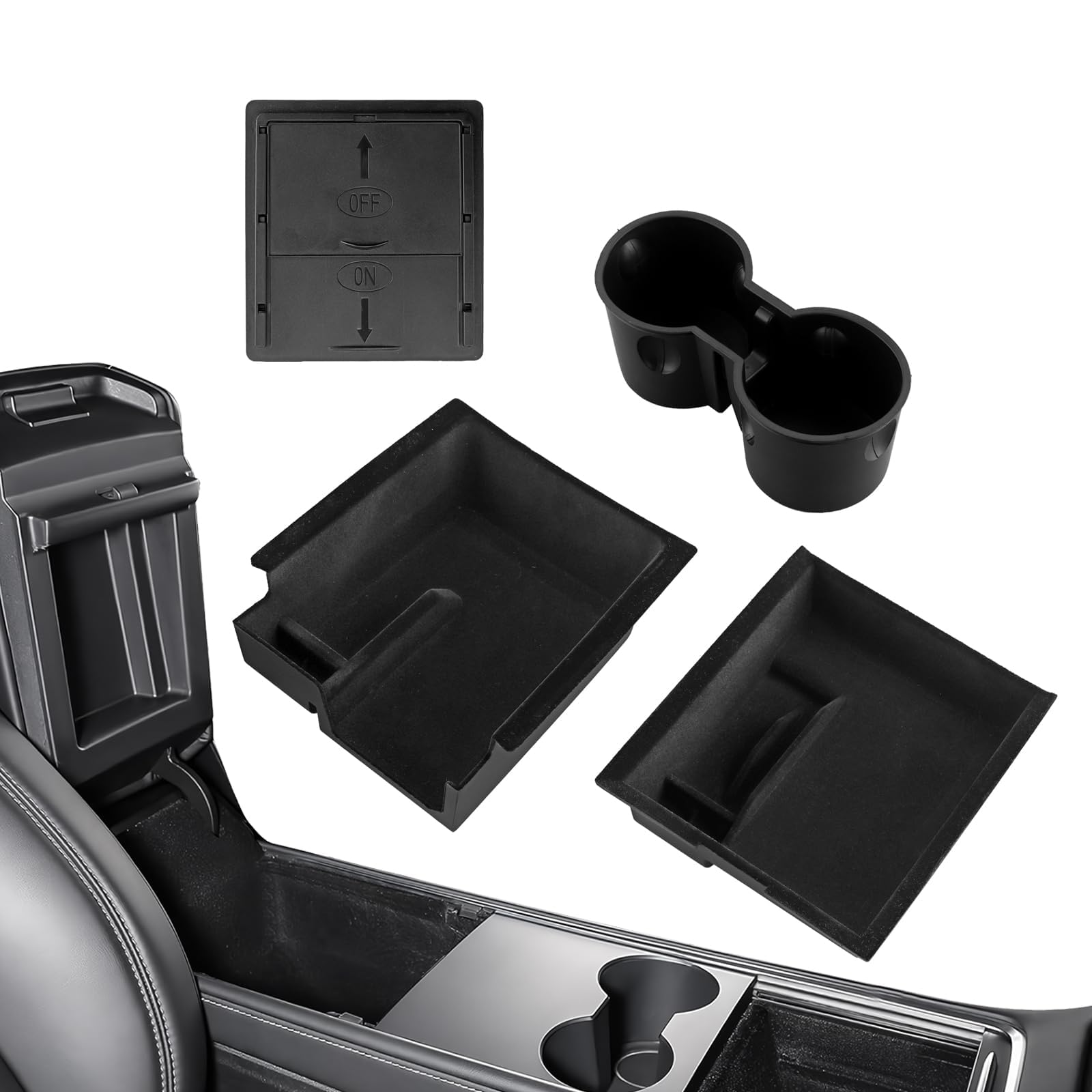 EYPINS 4Pcs Tesla Mittelkonsole Organizer, Model 3 Y Organizer Armlehne Aufbewahrungsbox, Versteckte-, Armaturenbrett Aufbewahrungsbox un Mittelkonsolen Getränkehalter, Schwarz für Tesla Model 3/Y von EYPINS