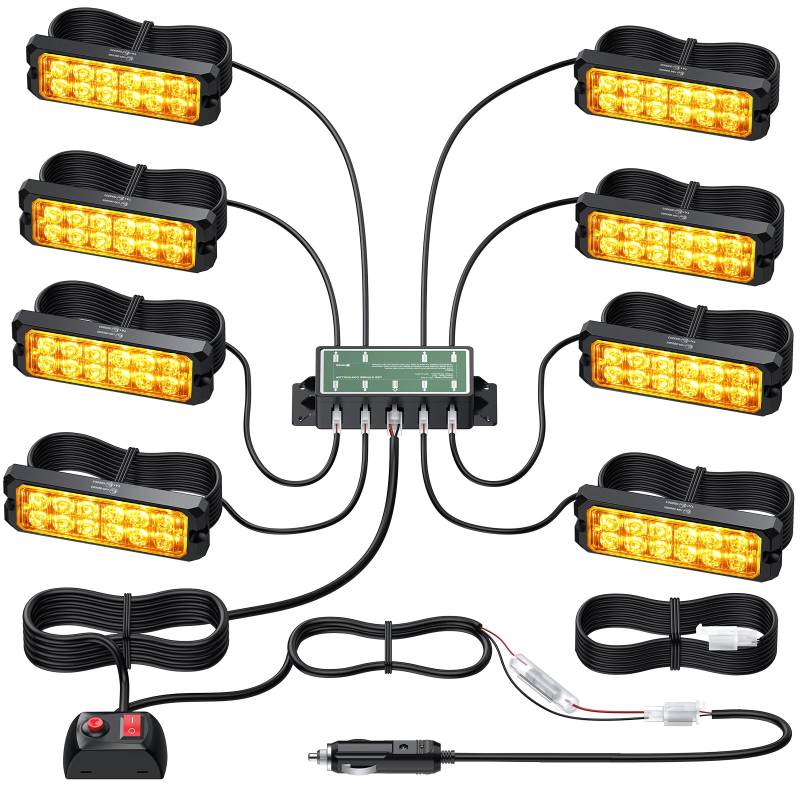EYPINS 8X Warnleuchte Frontblitzer Auto, Blinklicht Stroboskop 12W/Leuchte, 14 Blitzmodi Warnlicht, Bernstein Notfall Warnung Blitzer für 12/24V Truck Traktor KFZ LKW Emergency Gabelstapler|IP65 E57 von EYPINS