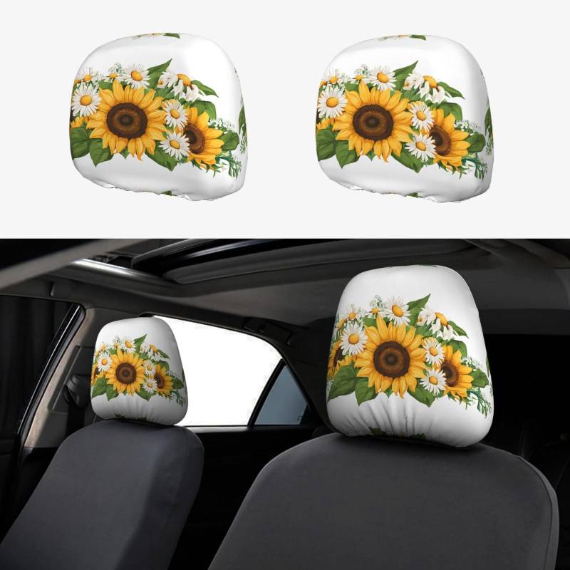 EZDLOWVBA Autositz-Kopfstützenbezug-Set mit Sonnenblumen-Aufdruck, für Mädchen und Frauen, niedliches Autositz-Kopfstützenbezug-Set, 2-teiliges Set von EZDLOWVBA