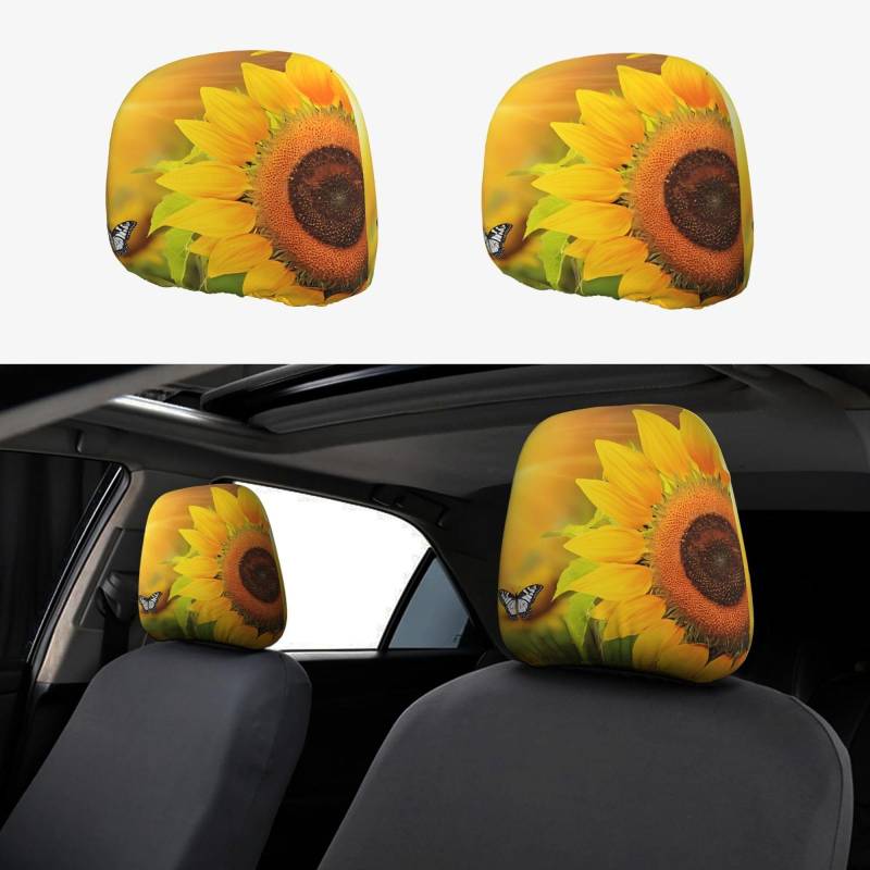 EZDLOWVBA Autositz-Kopfstützenbezug-Set mit Sonnenblumen-Schmetterlings-Motiv, für Mädchen und Frauen, niedliches Autositz-Kopfstützenbezug-Set, 2-teiliges Set von EZDLOWVBA