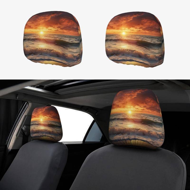 EZDLOWVBA Autositz-Kopfstützenbezug-Set mit Sonnenuntergang-Strand-Druck, für Mädchen und Frauen, niedliches Autositz-Kopfstützenbezug-Set, 2-teiliges Set von EZDLOWVBA