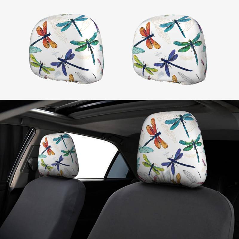 EZDLOWVBA Autositz-Kopfstützenbezug-Set mit buntem Libellen-Druck, für Mädchen und Frauen, niedliches Autositz-Kopfstützenbezug-Set, 2-teiliges Set von EZDLOWVBA